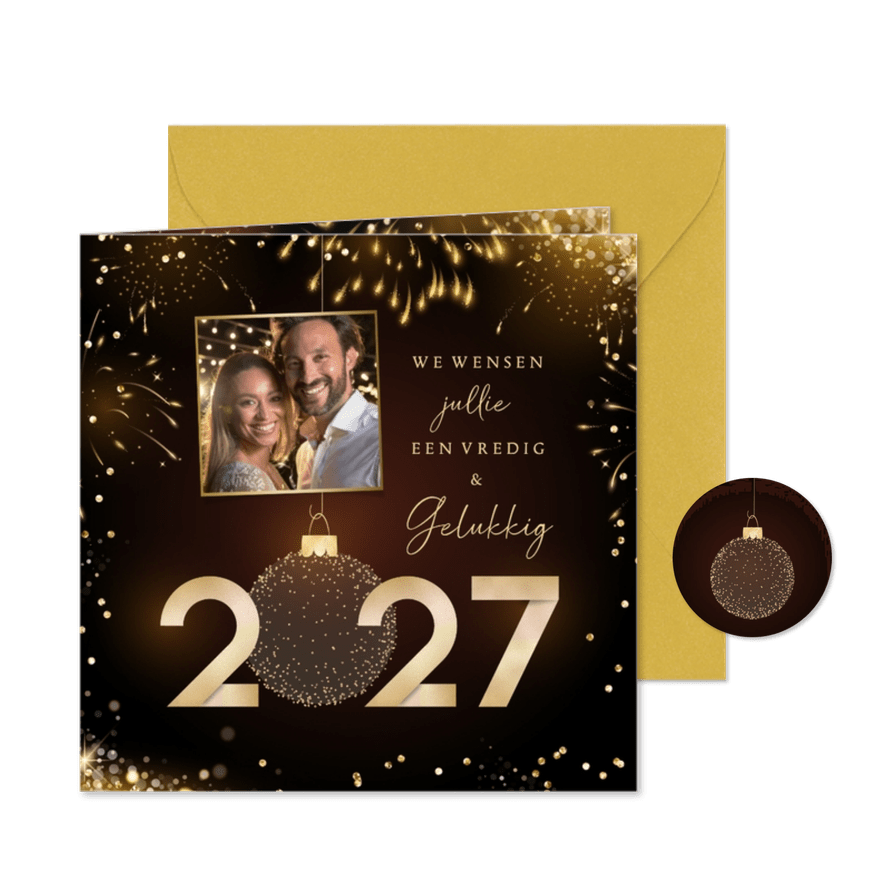 Nieuwjaarskaart met eigen foto stijlvol goudlook jaartal - Kaartimpressie