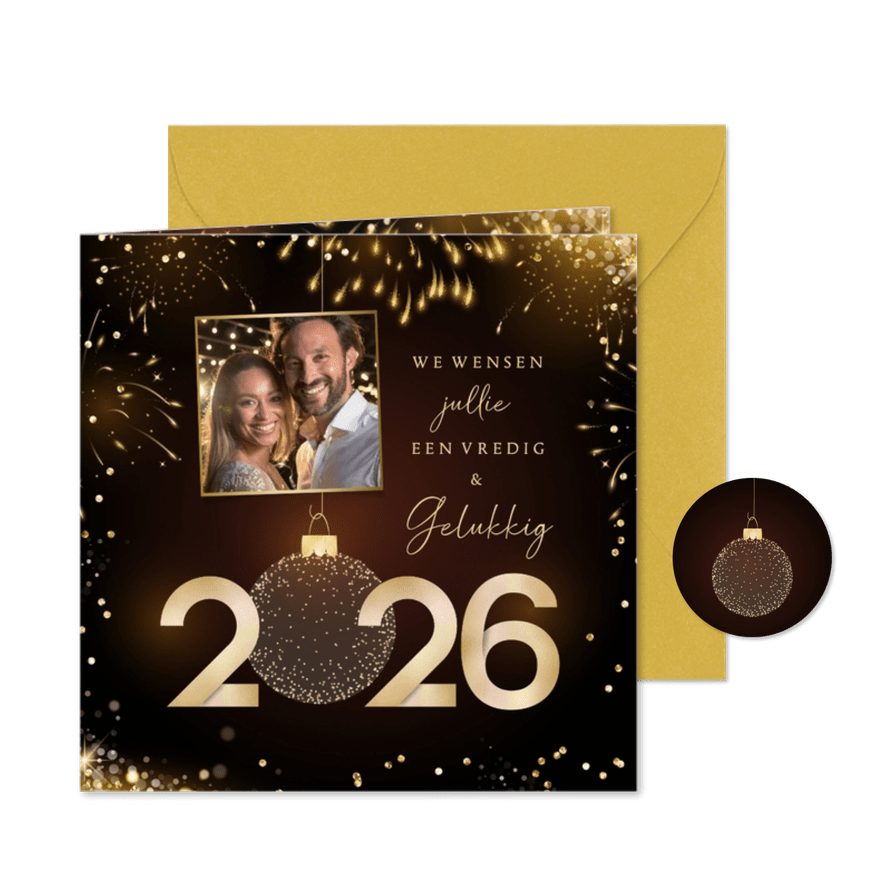 Nieuwjaarskaart met eigen foto stijlvol goudlook jaartal - Kaartimpressie