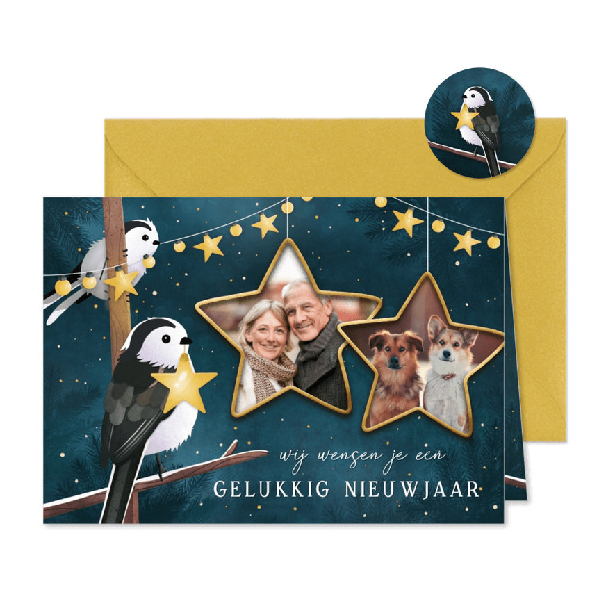 Nieuwjaarskaart met eigen foto's en illustratie van vogels - Kaartimpressie