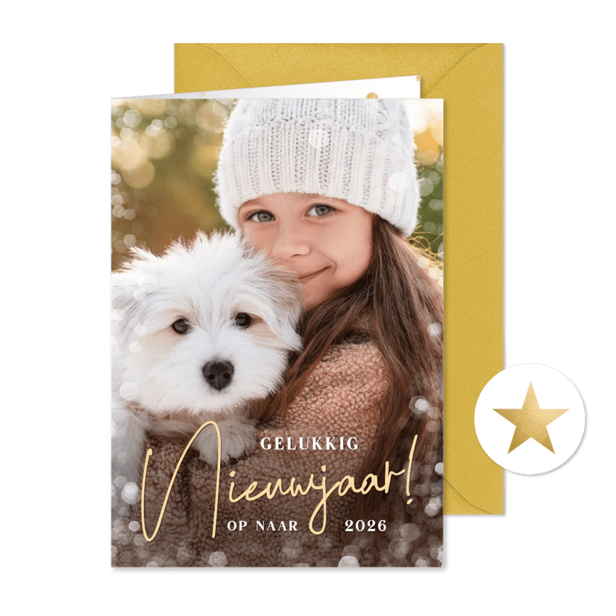 Nieuwjaarskaart met eigen grote foto, sneeuwkader en 2026 - Kaartimpressie