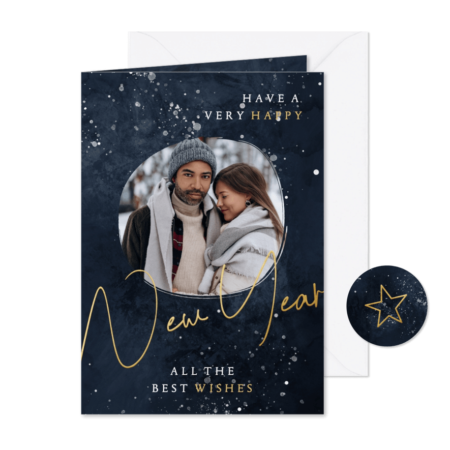 Nieuwjaarskaart met foto donkerblauw New Year in goudlook - Kaartimpressie