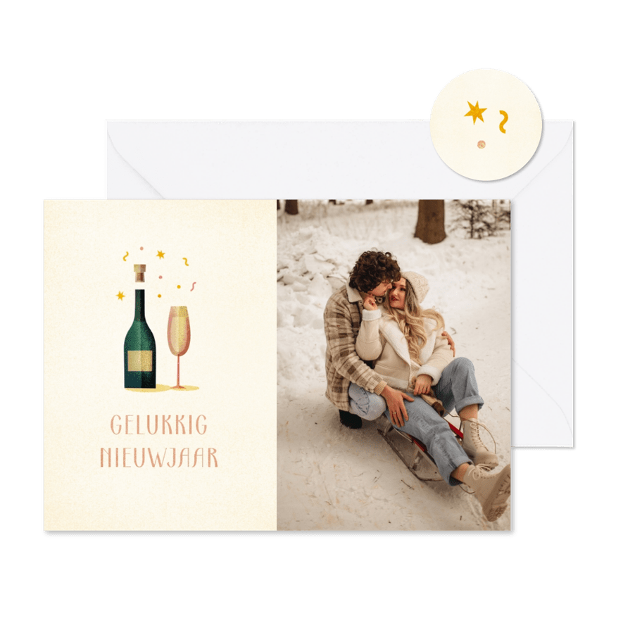 Nieuwjaarskaart met foto en champagne - Kaartimpressie