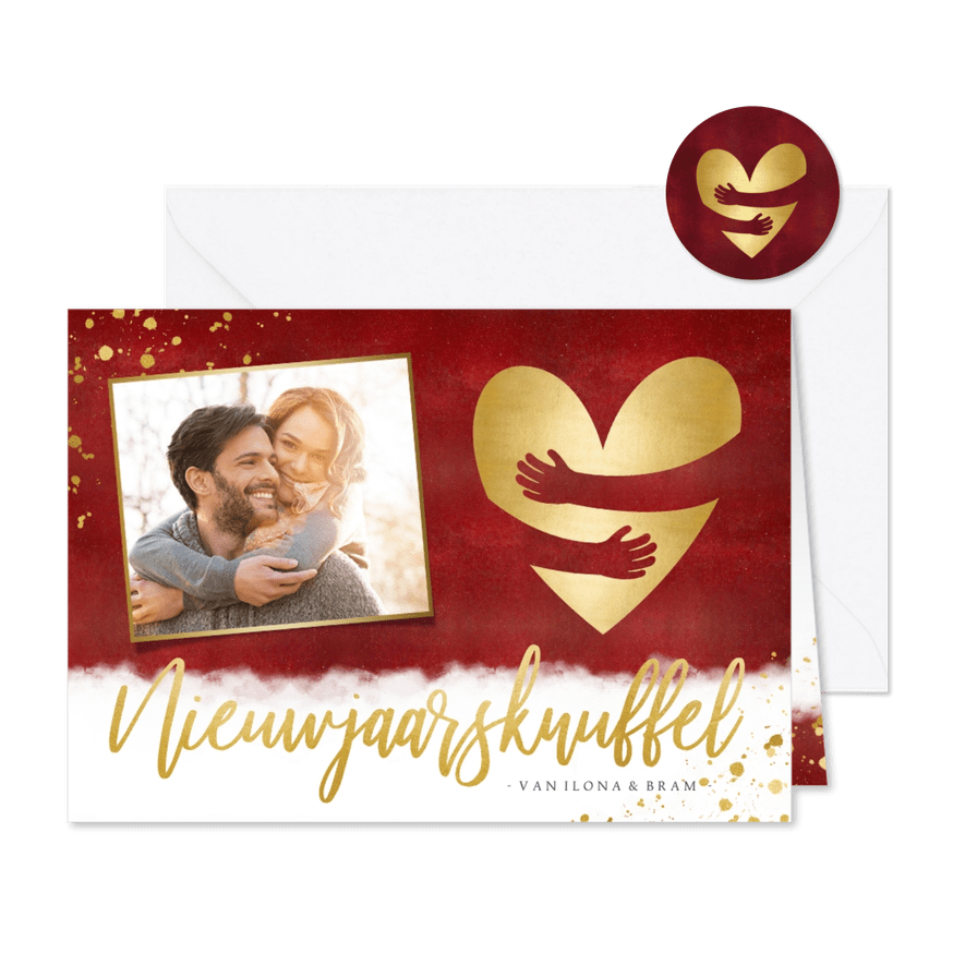 Nieuwjaarskaart met foto & nieuwjaarsknuffel in gouden hart - Kaartimpressie