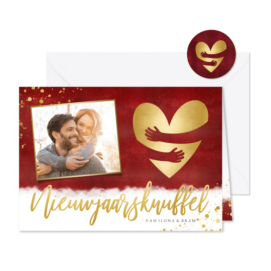 Nieuwjaarskaart met foto & nieuwjaarsknuffel in gouden hart - Kaartimpressie