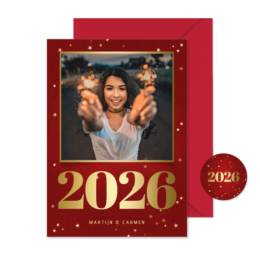 Nieuwjaarskaart met foto, gouden 2026 en sterren - Kaartimpressie