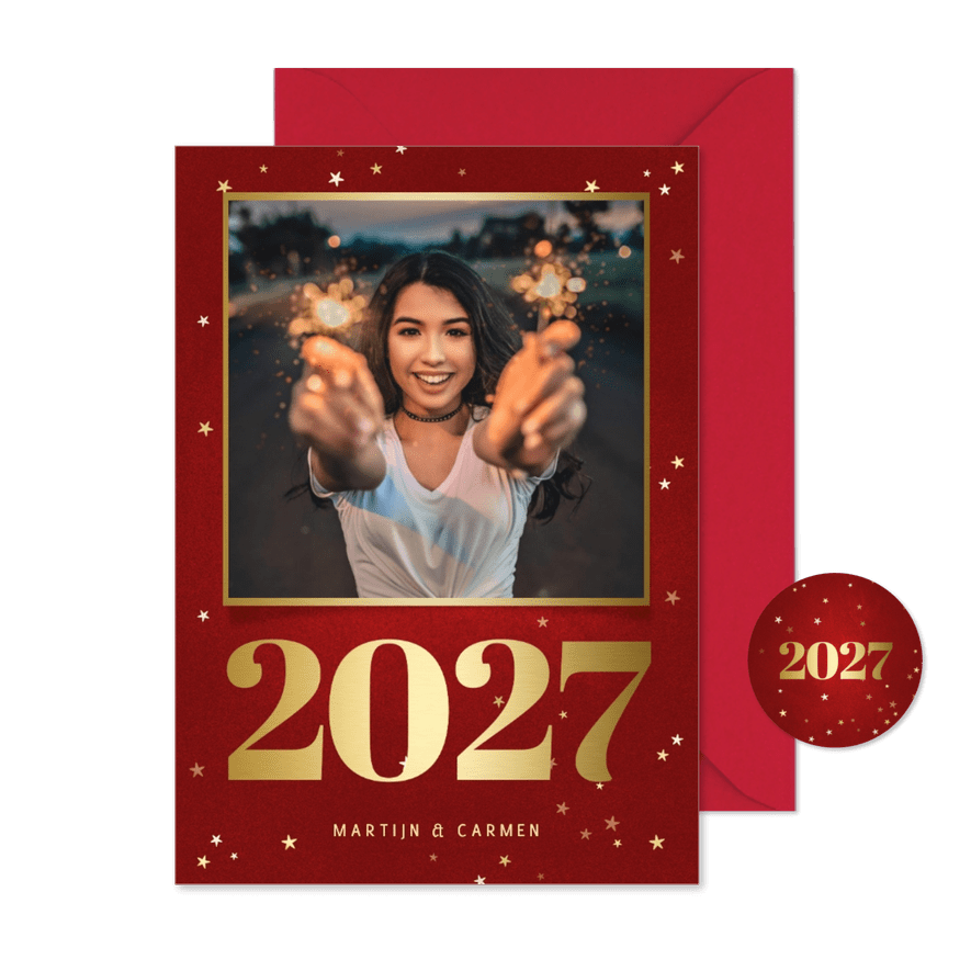 Nieuwjaarskaart met foto, gouden 2027 en sterren - Kaartimpressie