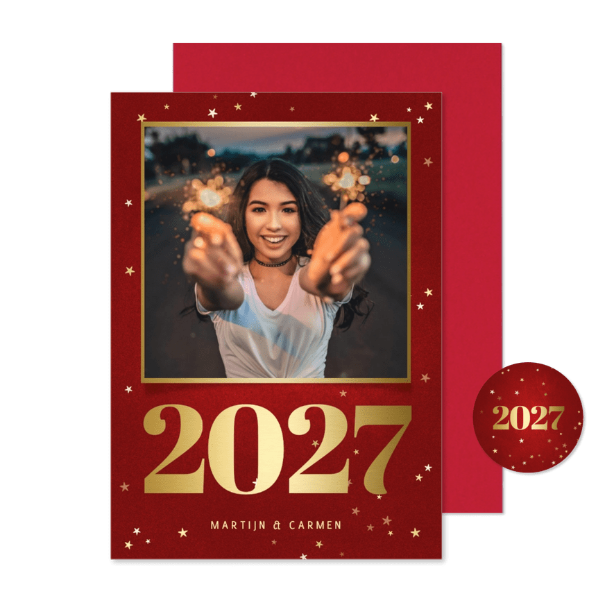 Nieuwjaarskaart met foto, gouden 2027 en sterren - Kaartimpressie