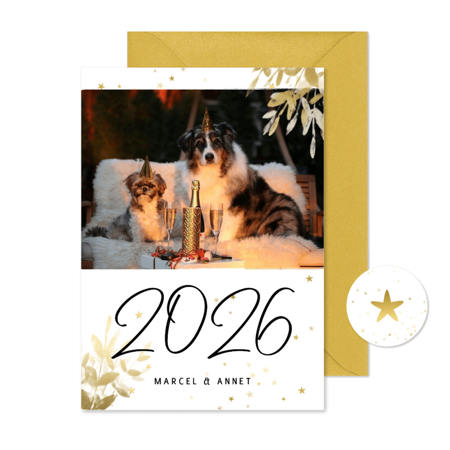 Nieuwjaarskaart met foto, gouden sterren en 2026 - Kaartimpressie