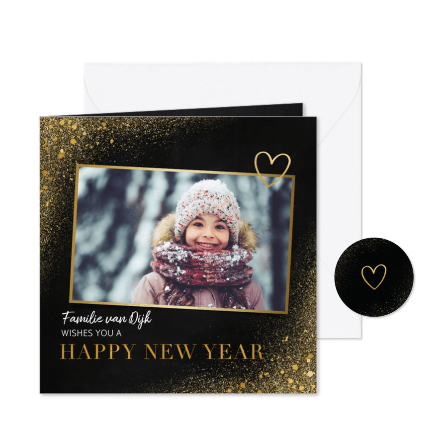 Nieuwjaarskaart met foto, goudlook en happy new year - Kaartimpressie