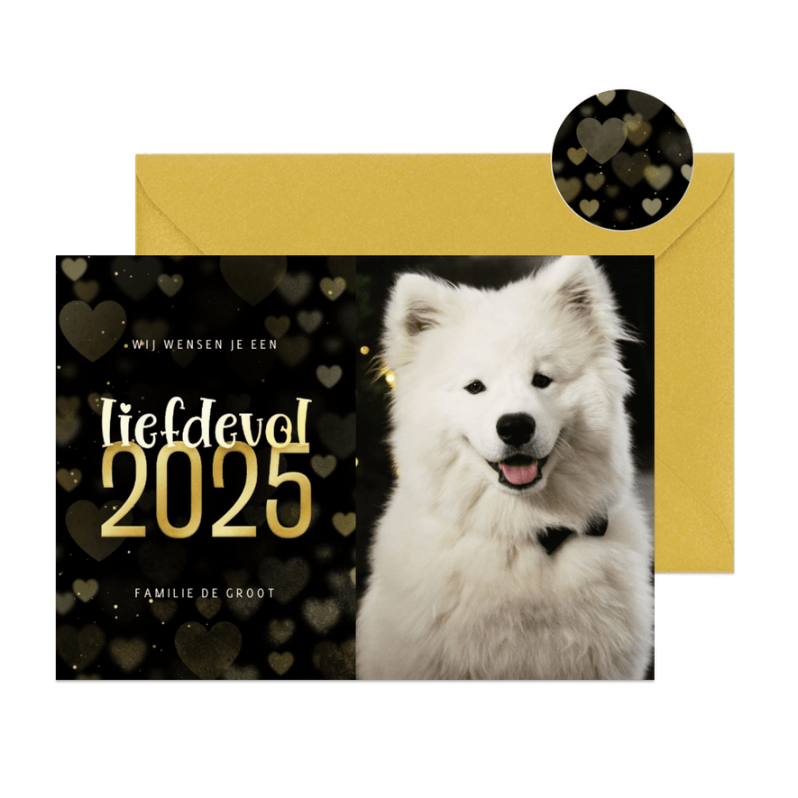 Nieuwjaarskaart met foto goudlook hartjes liefdevol 2025 - Kaartimpressie