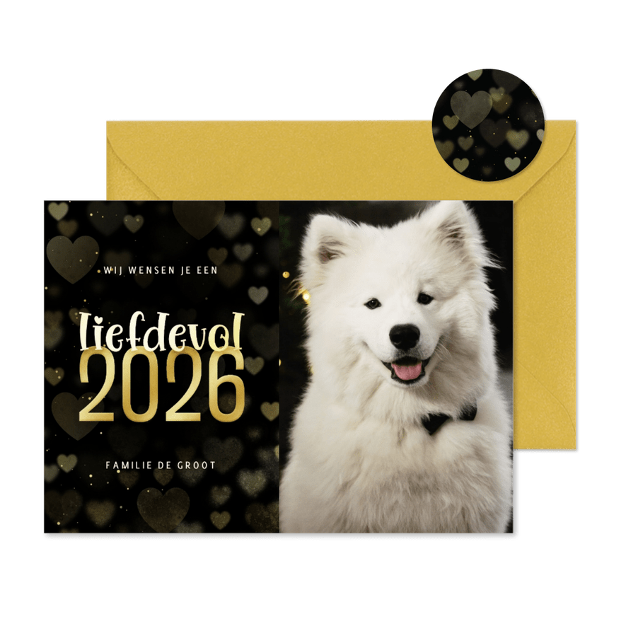 Nieuwjaarskaart met foto goudlook hartjes liefdevol 2026 - Kaartimpressie