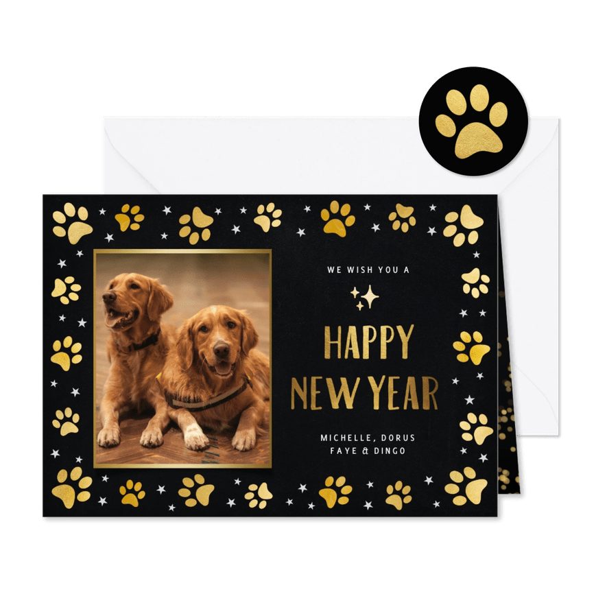 Nieuwjaarskaart met foto huisdier en honden pootafdrukjes  - Kaartimpressie