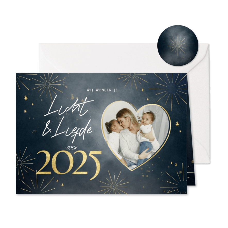 Nieuwjaarskaart met foto licht liefde goud vuurwerk 2025 - Kaartimpressie