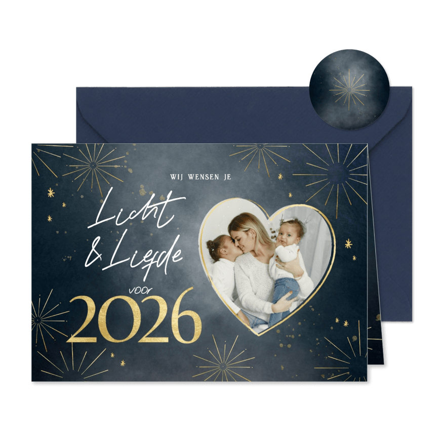 Nieuwjaarskaart met foto licht liefde goud vuurwerk 2026 - Kaartimpressie
