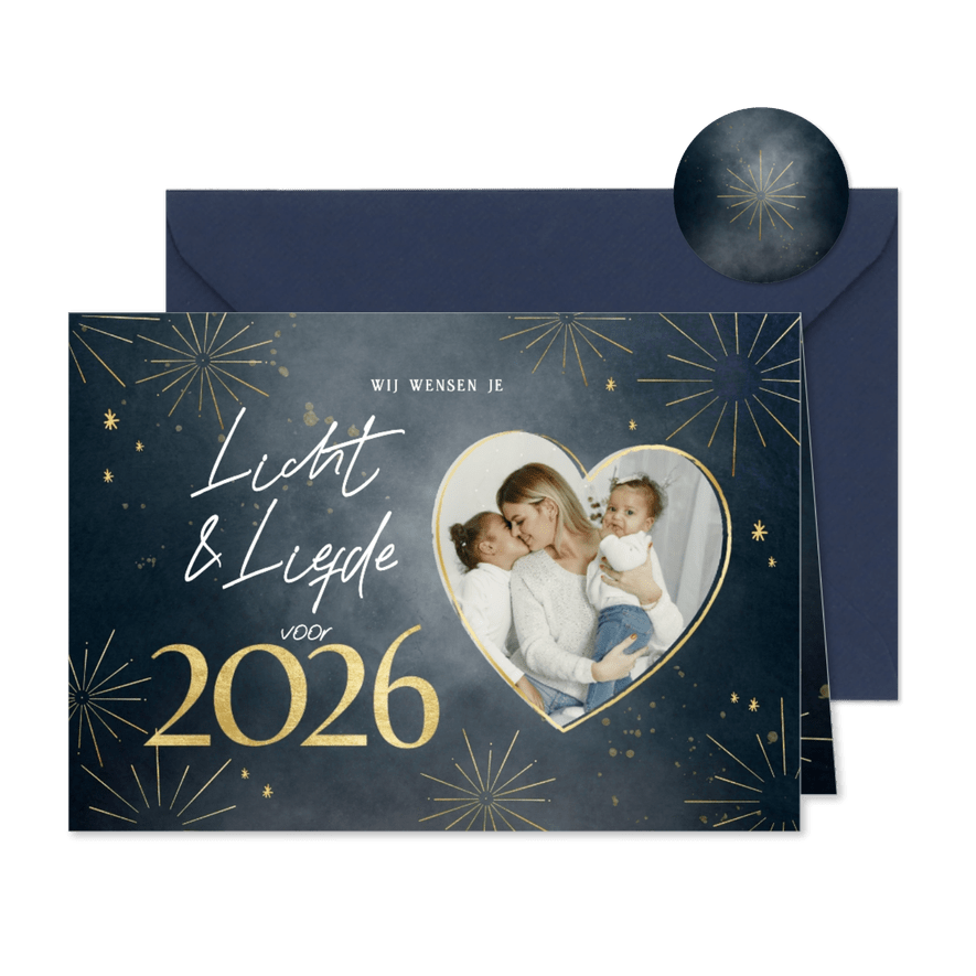 Nieuwjaarskaart met foto licht liefde goud vuurwerk 2026 - Kaartimpressie