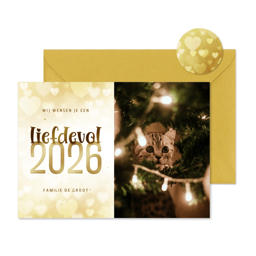 Nieuwjaarskaart met foto liefdevol 2026 goudlook hartjes - Kaartimpressie