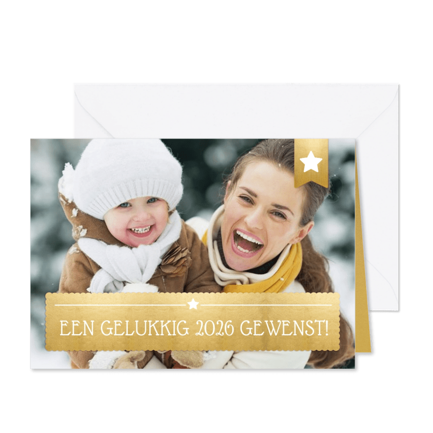 Nieuwjaarskaart met foto op de achtergrond en gouden vlak - Kaartimpressie