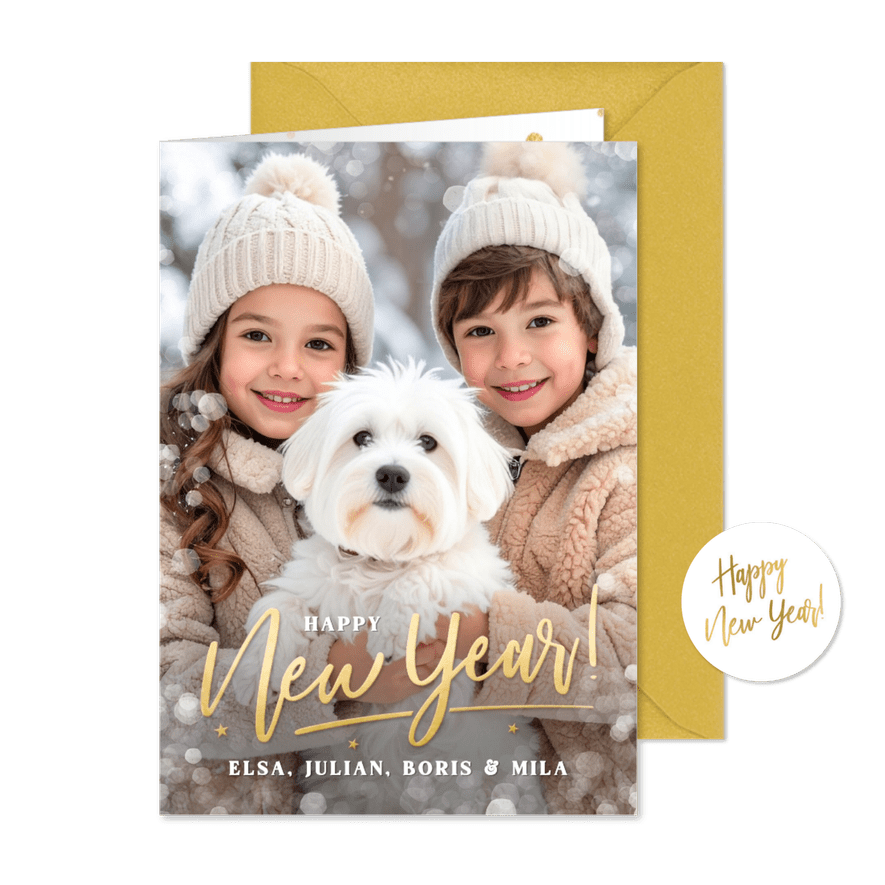 Nieuwjaarskaart met foto staan - happy new year! - Kaartimpressie