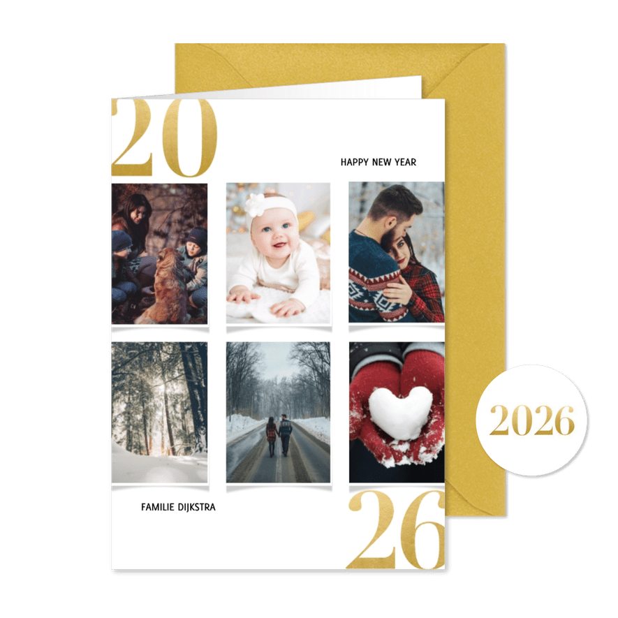 Nieuwjaarskaart met fotocollage en gouden 2026 - Kaartimpressie