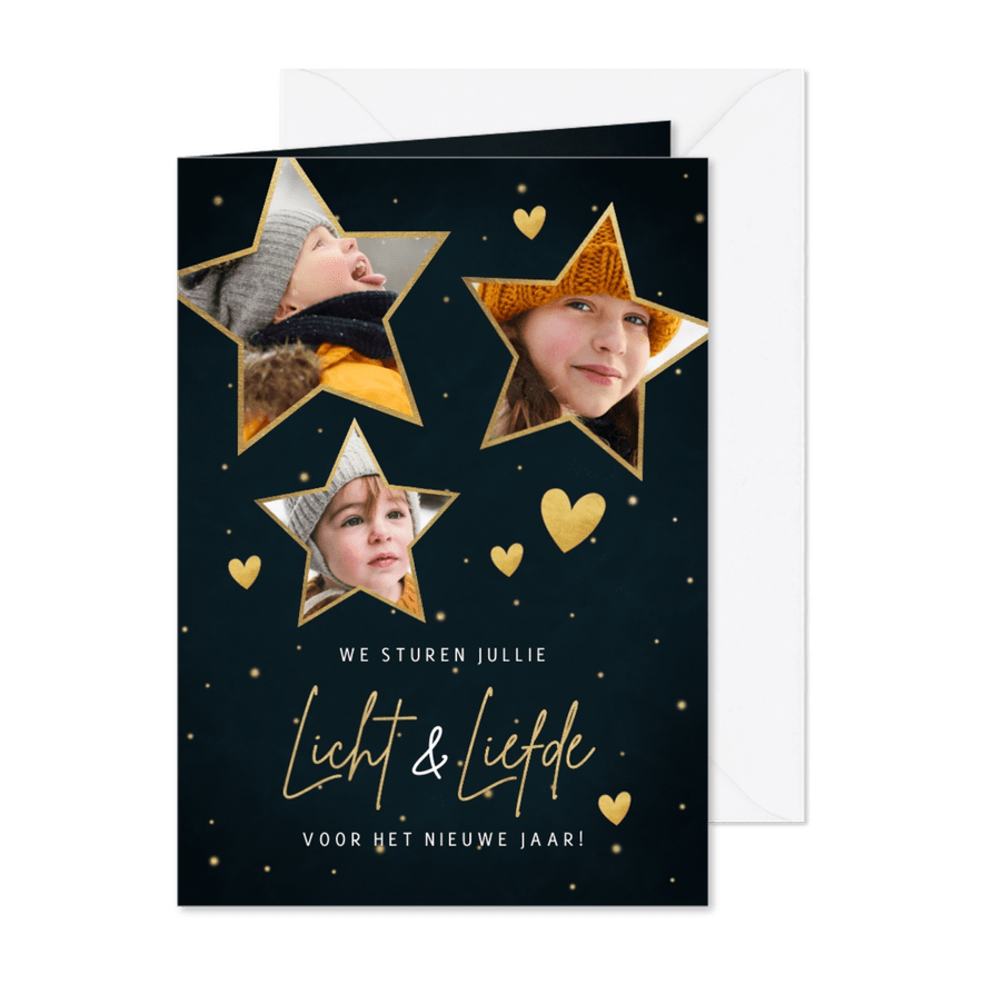 Nieuwjaarskaart met foto's in sterren liefde en licht - Kaartimpressie