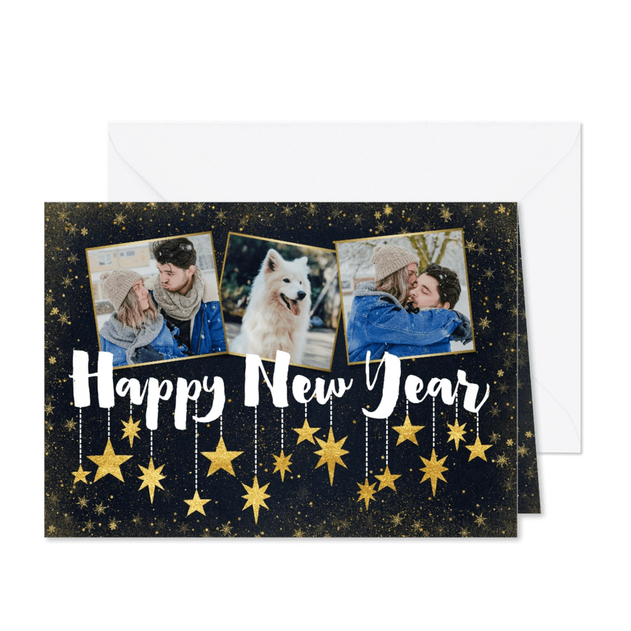 Nieuwjaarskaart met foto's, typografie en hangende sterren - Kaartimpressie