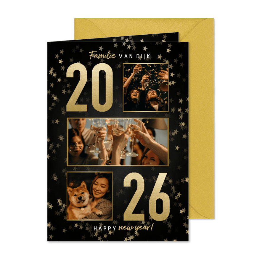 Nieuwjaarskaart met gouden 2026 sterren en fotocollage - Kaartimpressie