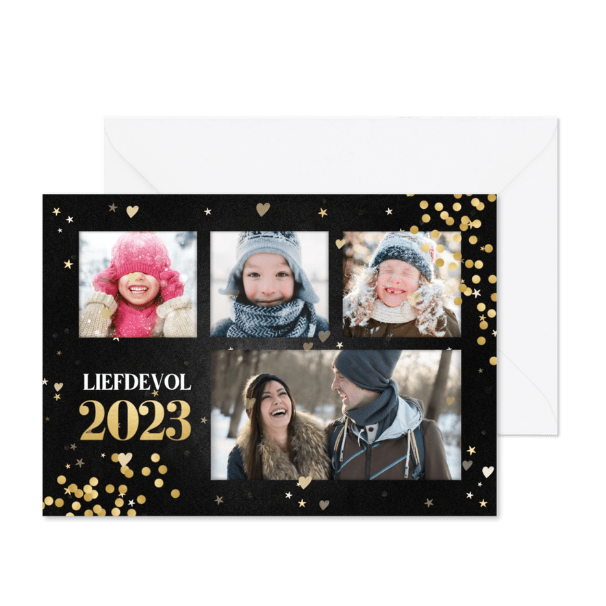 Nieuwjaarskaart met gouden confetti en 4 foto's - Kaartimpressie