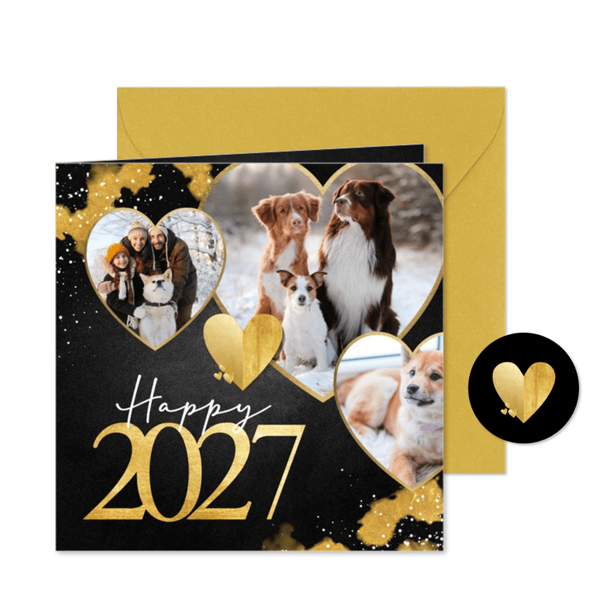 Nieuwjaarskaart met gouden hartjes en eigen foto's - Kaartimpressie