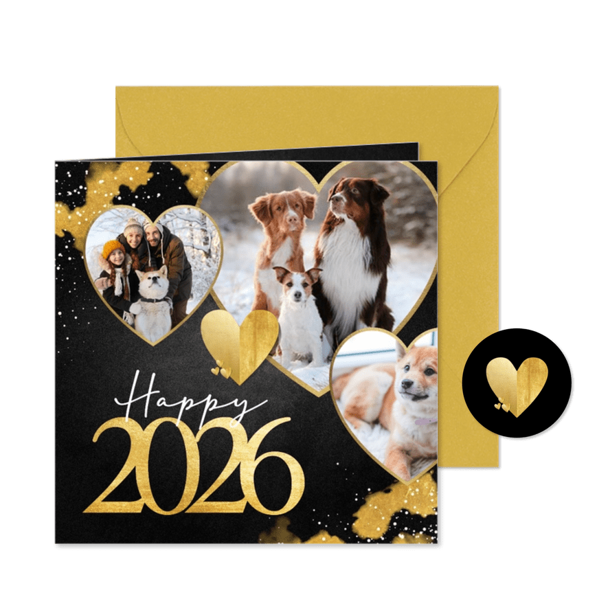 Nieuwjaarskaart met gouden hartjes en eigen foto's - Kaartimpressie