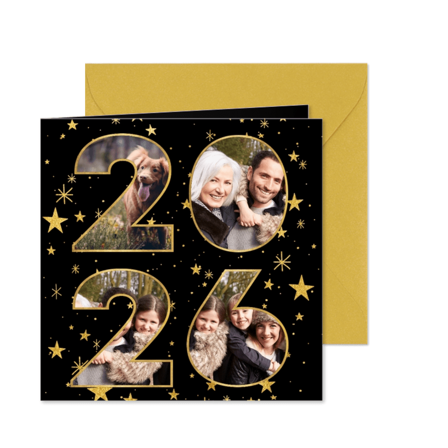 Nieuwjaarskaart met gouden sterren en 2026 fotocollage - Kaartimpressie