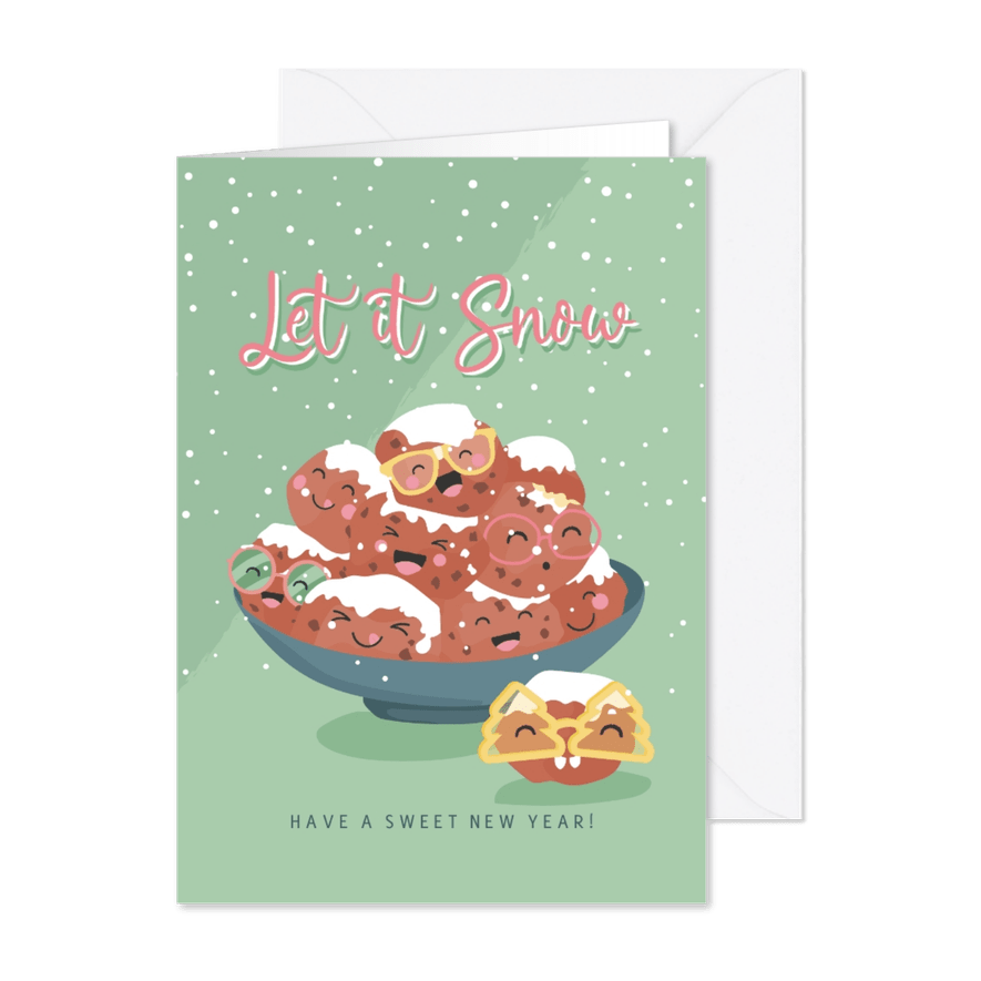 Nieuwjaarskaart met grappige illustratie van oliebollen - Kaartimpressie