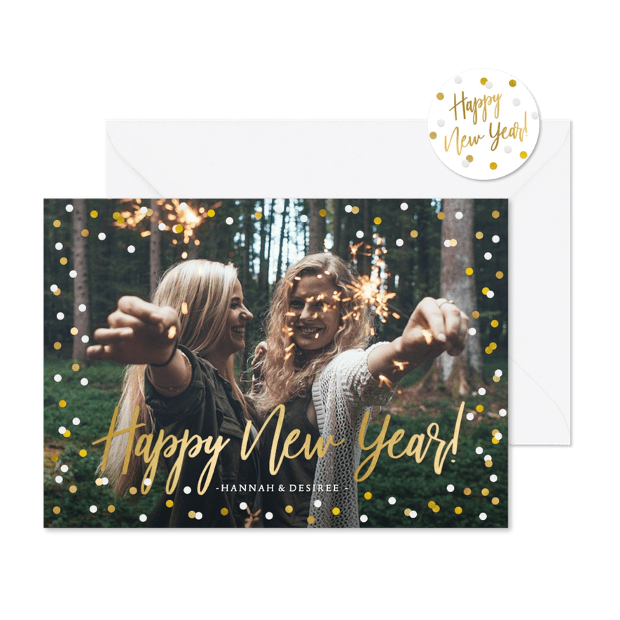 Nieuwjaarskaart met grote foto, goud en confetti kader - Kaartimpressie