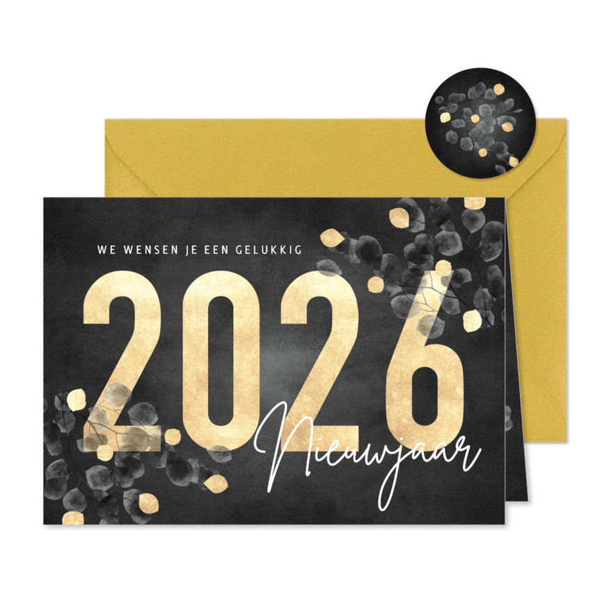 Nieuwjaarskaart met grote, gouden 2026 en eucalyptus - Kaartimpressie