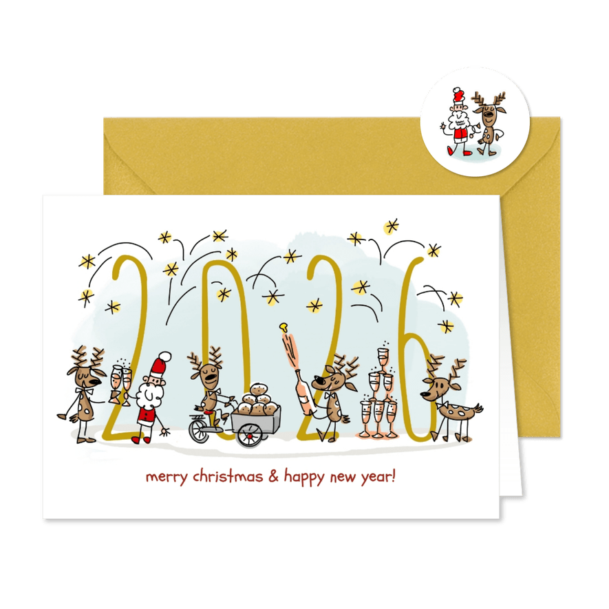 Nieuwjaarskaart met herten kerstman champagne en vuurwerk - Kaartimpressie