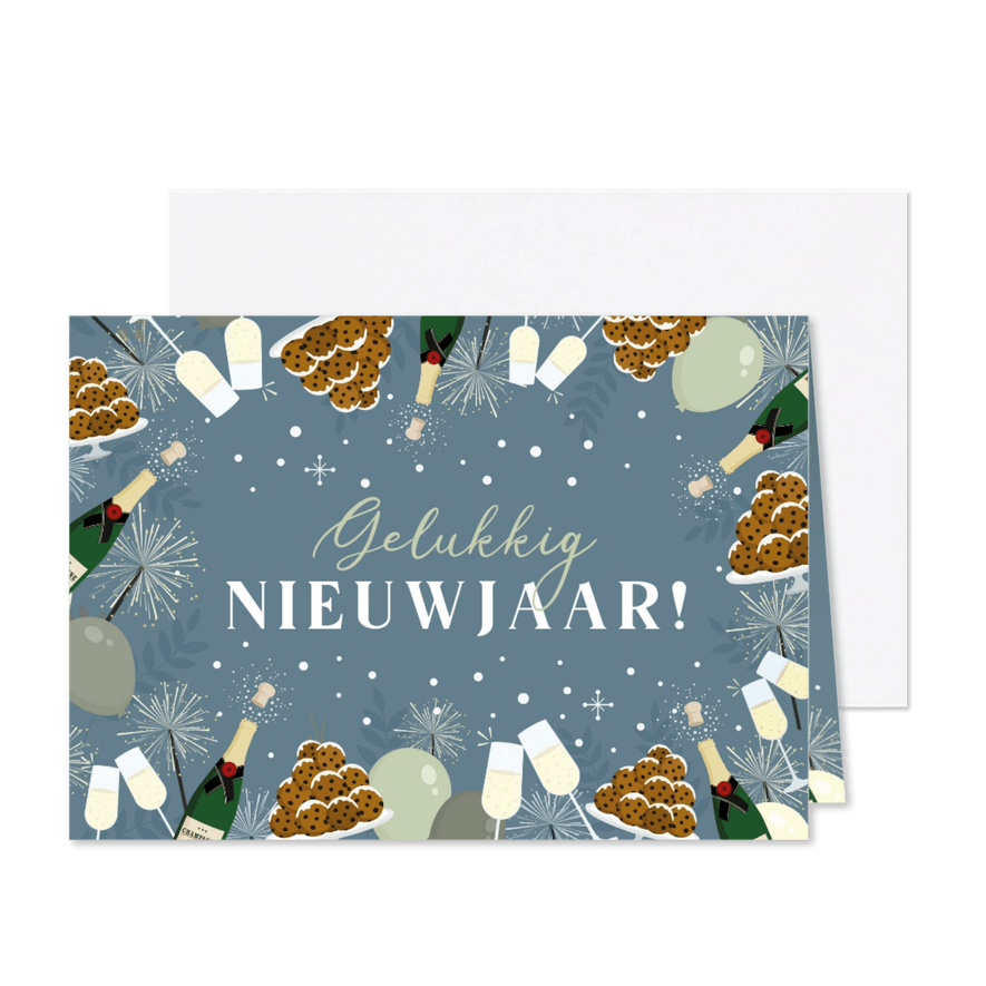 Nieuwjaarskaart met illustraties van champagne en oliebollen - Kaartimpressie