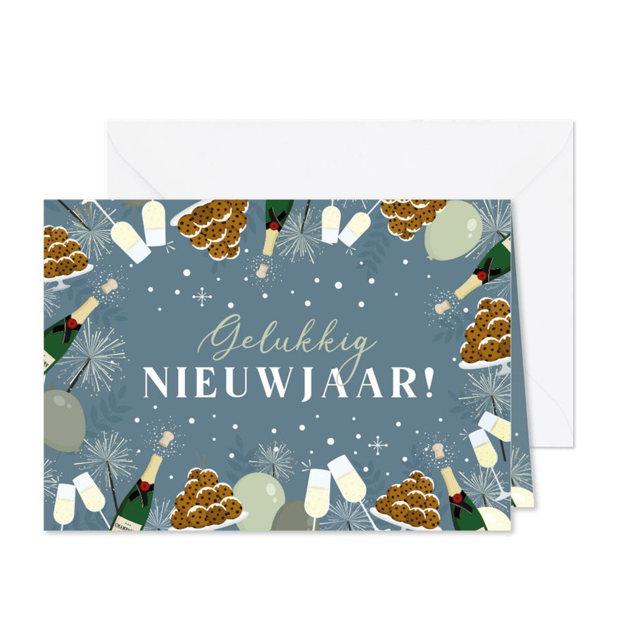 Nieuwjaarskaart met illustraties van champagne en oliebollen - Kaartimpressie