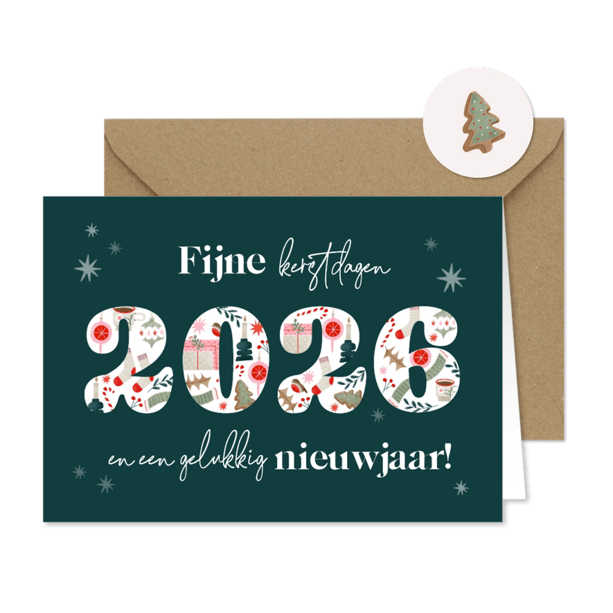 Nieuwjaarskaart met jaartal vrolijke illustraties sterren - Kaartimpressie