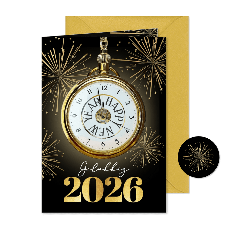 Nieuwjaarskaart met klassieke aftel klok en vuurwerk - Kaartimpressie