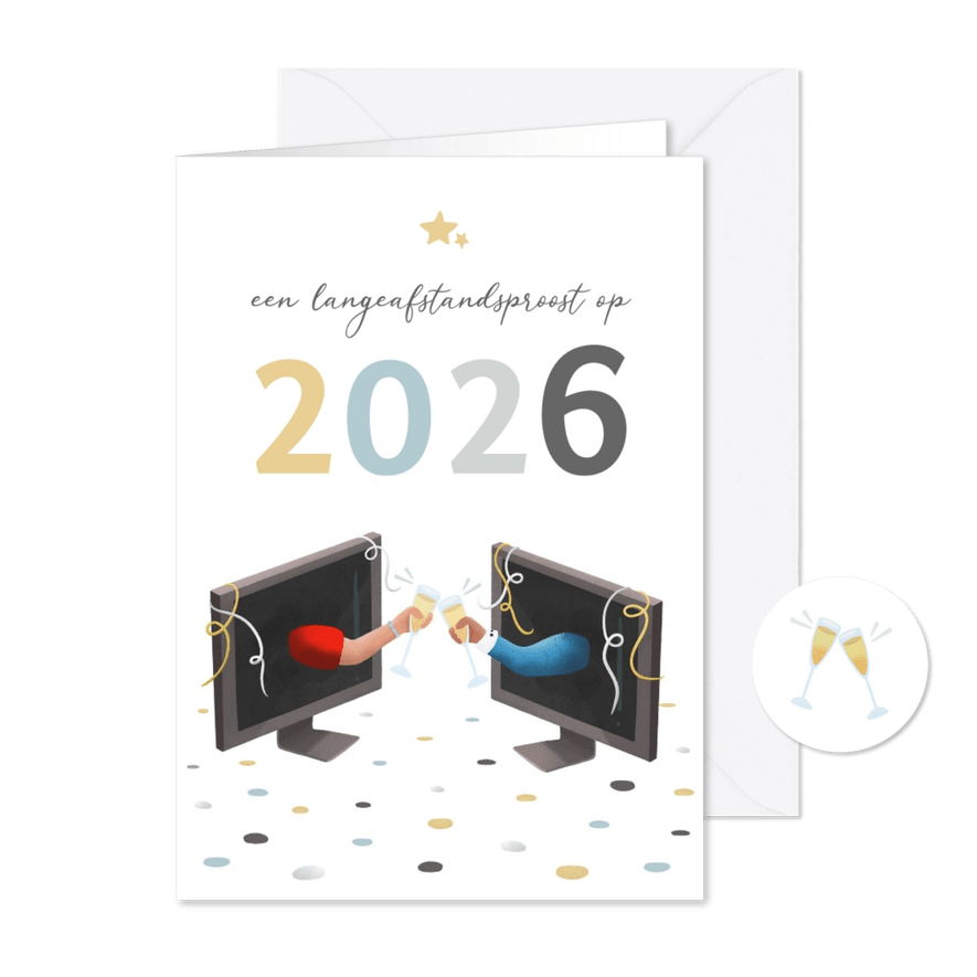 Nieuwjaarskaart met lange-afstands-proost op 2026 - Kaartimpressie