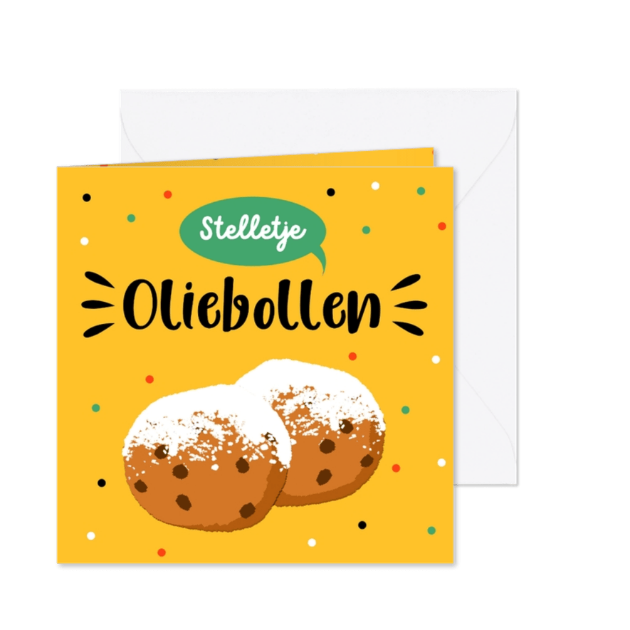 Nieuwjaarskaart met oliebol en confetti met gele achtergrond - Kaartimpressie