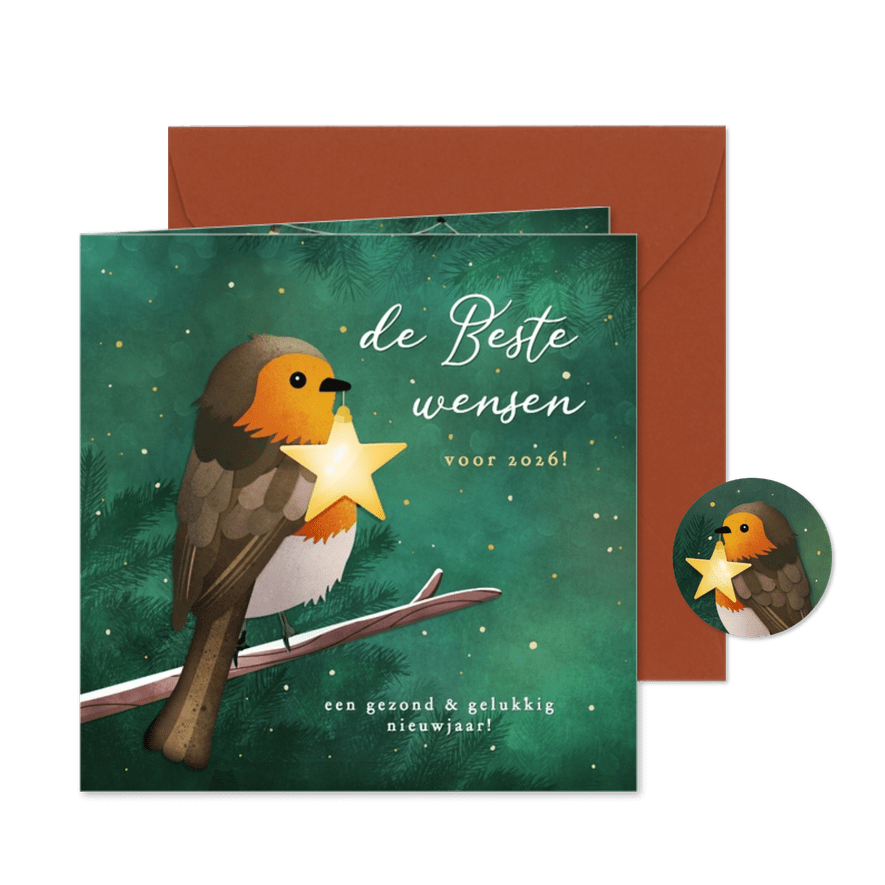 Nieuwjaarskaart met roodborstje en ster - Kaartimpressie
