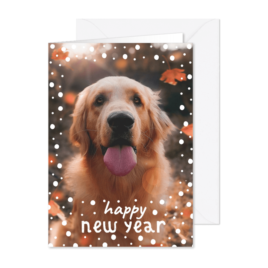 Nieuwjaarskaart met speelse typografie en wit confetti kader - Kaartimpressie