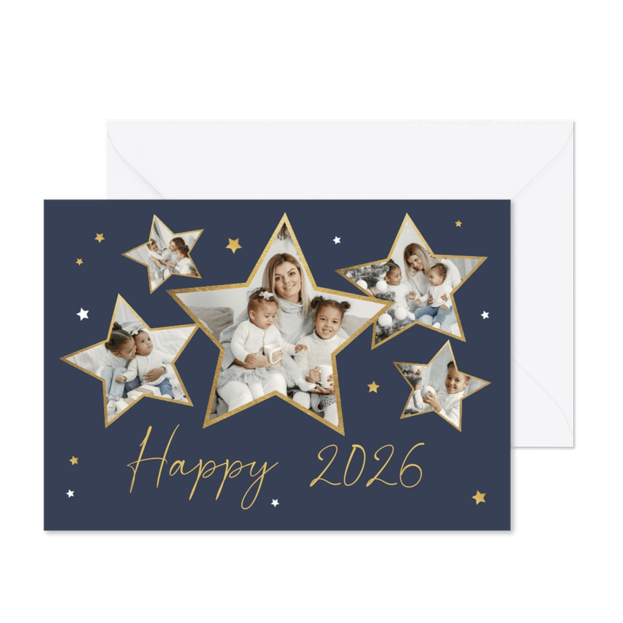 Nieuwjaarskaart met sterren fotocollage goudlook - Kaartimpressie