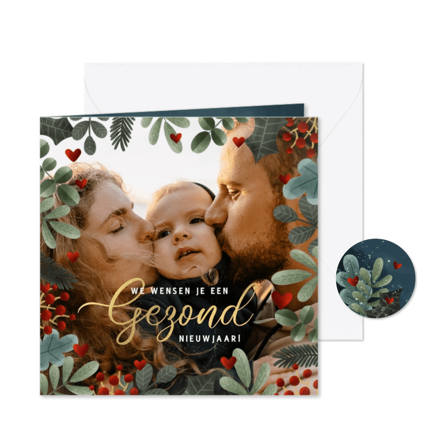 Nieuwjaarskaart met takjes kader, gouden gezond nieuwjaar! - Kaartimpressie