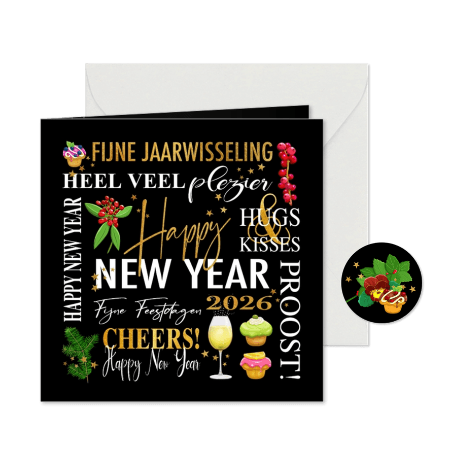 Nieuwjaarskaart met teksten. takjes, gebak en champagne - Kaartimpressie