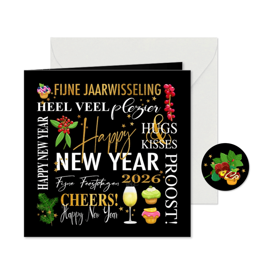 Nieuwjaarskaart met teksten. takjes, gebak en champagne - Kaartimpressie