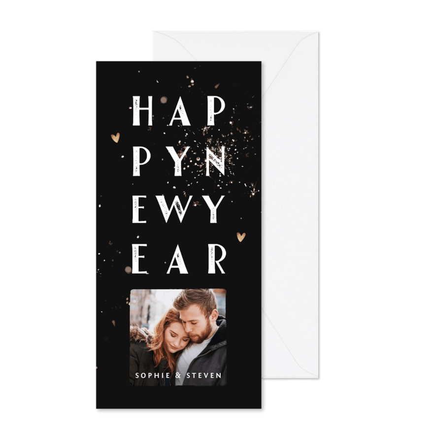 Nieuwjaarskaart met typografie, vuurwerk en foto - Kaartimpressie