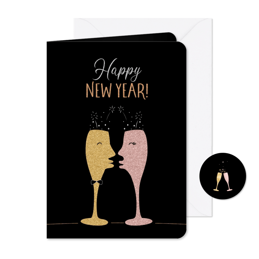 Nieuwjaarskaart met verliefde champagneglazen in glitters - Kaartimpressie