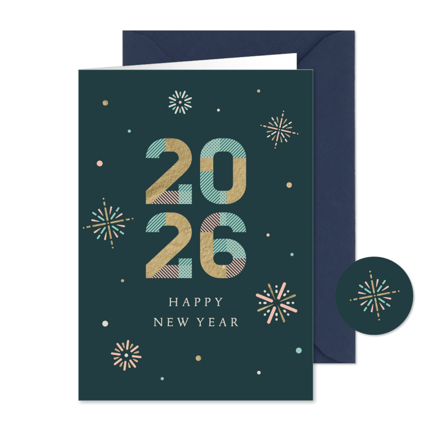 Nieuwjaarskaart met vuurwerk en sneeuw - Kaartimpressie