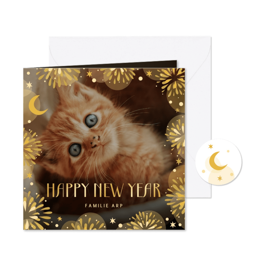 Nieuwjaarskaart met vuurwerk, sterren, maan en grote foto  - Kaartimpressie